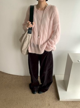 LAS正版秋季新款 纯色宽松洋气薄款麻花毛衣女