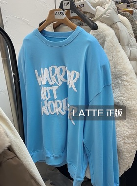 LATTE正版新款 白色字母垫肩宽松天蓝色卫衣女