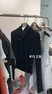 R13正品早秋新款 显瘦百搭黑色连帽打底T恤女