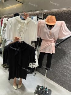 LATTE正版夏季新款 拼接蕾丝V领宽松短袖T恤加屁帘两件套