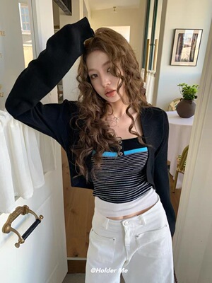 HOLDER ME正版秋季新款 条纹针织吊带加针织开衫两件套女