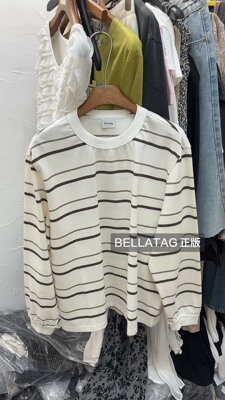 BELLATAG正版新款 白色条纹宽松长袖T恤女