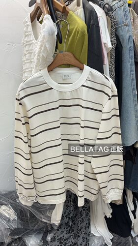 BELLATAG正版新款 白色条纹宽松长袖T恤女