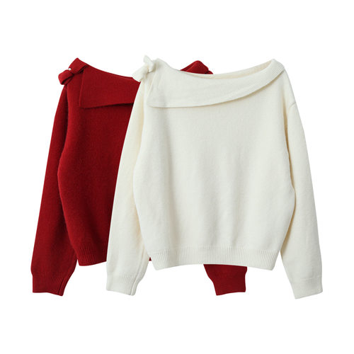 韩版北极绒斜领蝴蝶结装饰一字领套头针织衫宽松显瘦毛衣女11085