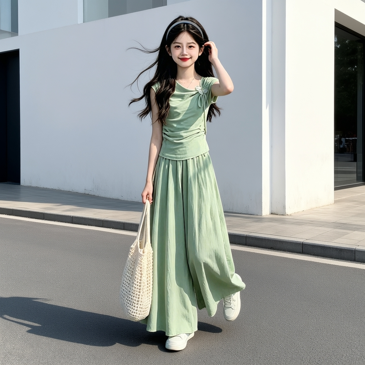 甜美风女童夏季天丝棉两件套绿色短袖长裤外出套装潮流套装百搭款