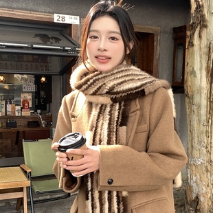 韓版 高級感保暖護頸雙面毛絨圍脖 真水貂毛編織皮草圍巾女冬季 長款