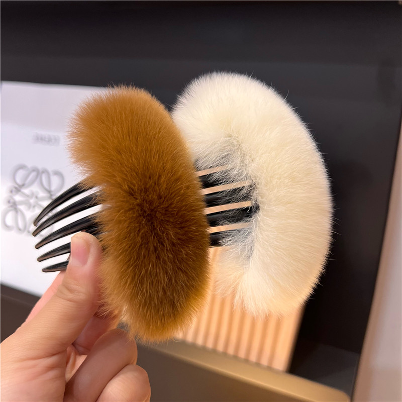 【獭兔毛五齿发梳】韩国法式毛毛盘发发插头饰刘海梳插梳毛绒发饰