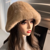 水貂毛渔夫帽冬季 皮草帽子女秋冬韩版 可调节显脸小百搭日系盆帽