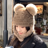可爱真水貂毛皮草帽子女秋冬韩版 高级感保暖狐狸毛球球护耳雷锋帽