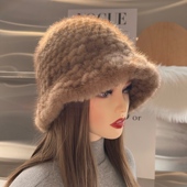 真水貂毛渔夫帽冬季 皮草帽子女秋冬韩版 可调节显脸小百搭日系盆帽