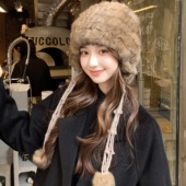 复古真兔毛毛绒帽女秋冬季 百搭加厚保暖护耳帽防寒显脸小皮草帽子
