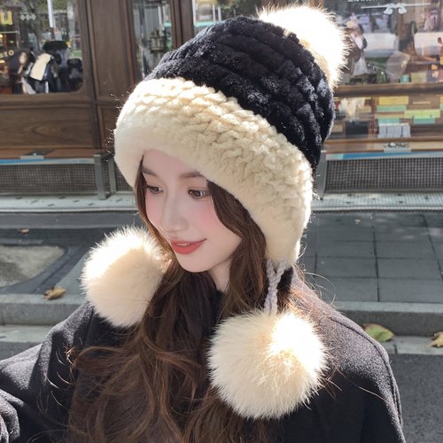 可爱真獭兔毛编织帽秋冬保暖
