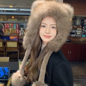 可爱狐狸毛小熊耳朵皮草帽子冬季 高级感保暖毛绒护耳雷锋帽显脸小