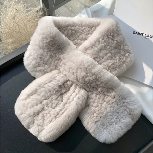 百搭女 编制毛毛围脖保暖加厚冬季 进口獭兔毛围巾韩版 简约长款