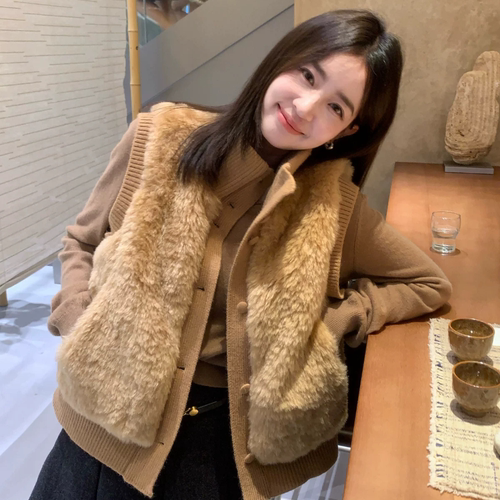毛感软糯【ONION】韩女拼螺口针织仿皮毛一体环保毛保暖马甲外套