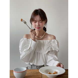 短款 女夏季 时尚 小众白色长袖 上衣 法式 小衫 气质荷叶边一字肩衬衫