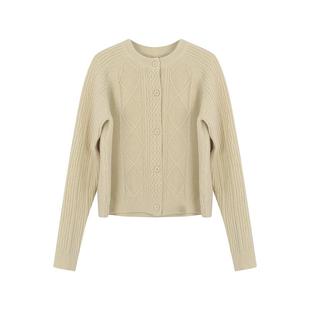 新款 复古韩版 女秋季 针织开衫 节日氛围感圆领麻花毛衣外套 通勤短款