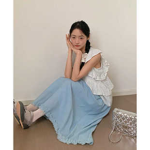 文艺百搭显瘦高腰a字裙中长裙 新款 法式 复古木耳边半身裙女夏季