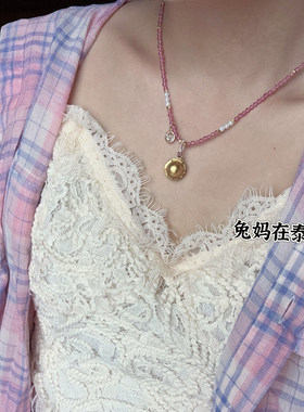 天然粉水晶项链吸米星吊坠配饰女