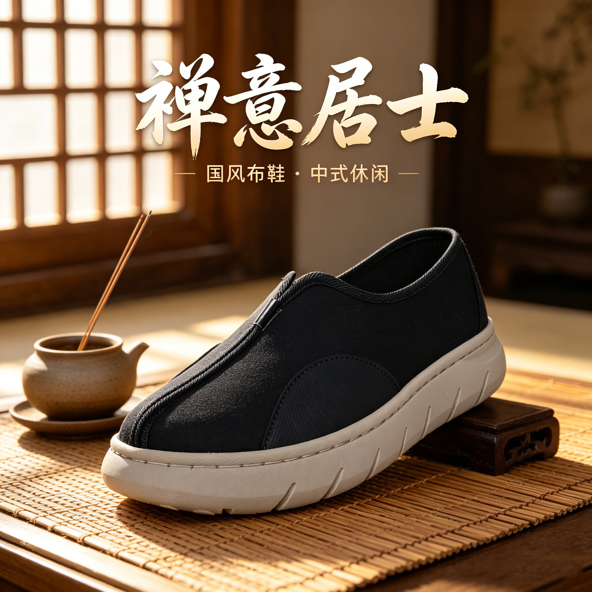 老北京布鞋男厚底一脚蹬黑色国风禅意居士透气软底增高百搭休闲鞋
