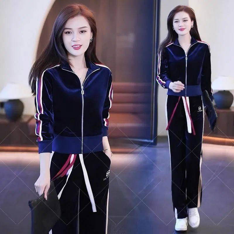 大码金丝绒时尚休闲运动套装女春秋新款薄款开衫立领直筒裤两件套