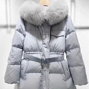 冬季新款狐狸毛领加厚保暖鹅绒填充腰带收腰显瘦中长款羽绒服818