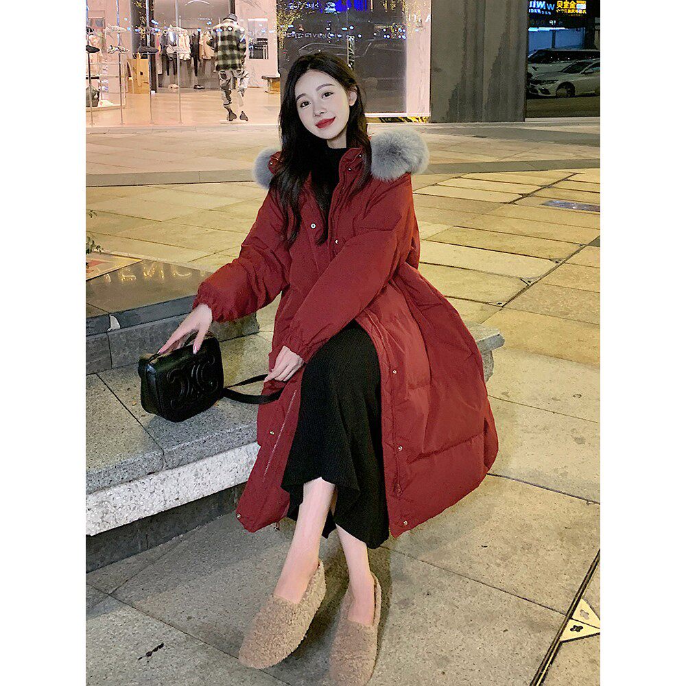 专柜正品轻奢红色长款羽绒服女2025大毛领白鸭绒过膝加厚保暖外套