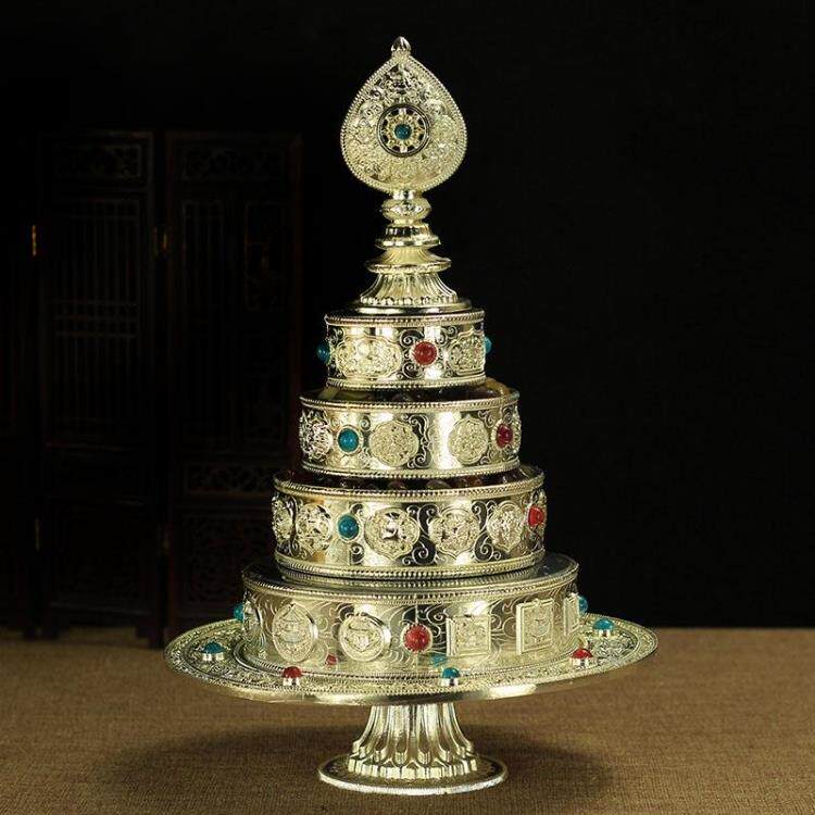 藏传曼茶罗雕刻曼扎盘鎏金八吉祥曼扎盘藏式供佛修盘带托盘 银色