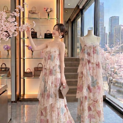 ICELOLLY艺术生明媚穿搭碎花蕾丝吊带连衣裙女初夏绝美蛋糕长裙子