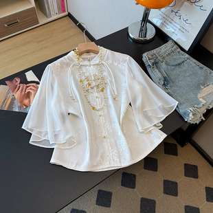 简约立领上衣改良修身 醋酸提花刺绣拼接衬衣 夏款 实拍新中式