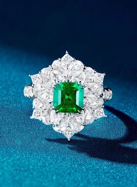 新款高定珠宝设计款公主方钻戒指仿天然祖母绿鹰爪镶彩宝活口女戒