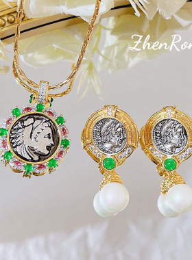 法式复古人像珍珠耳环套装女高级感浮雕太阳神阿波罗古币吊坠项链