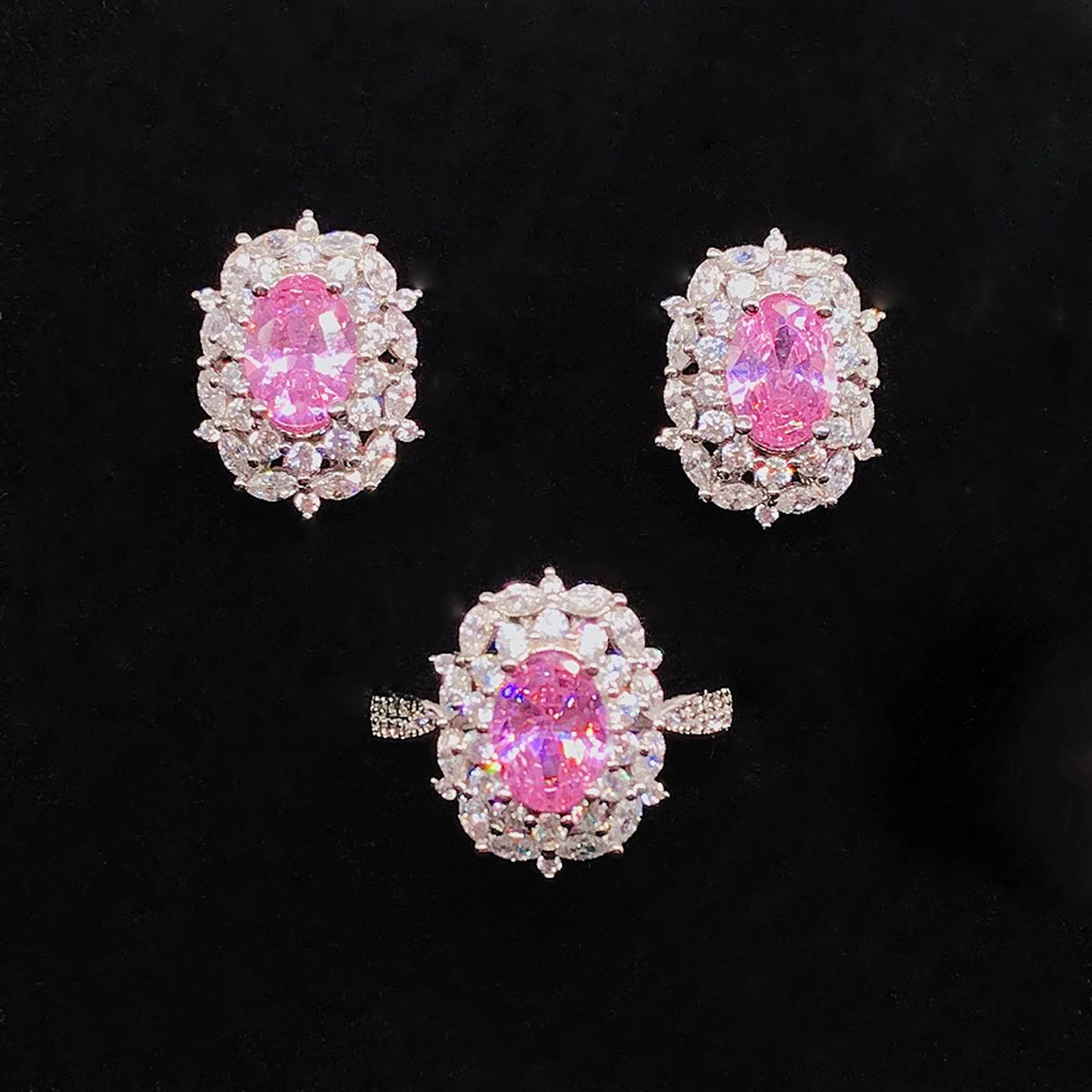 Tiktok直播彩宝套装 925银仿真海蓝宝托帕石阿盖尔粉钻戒指耳钉女