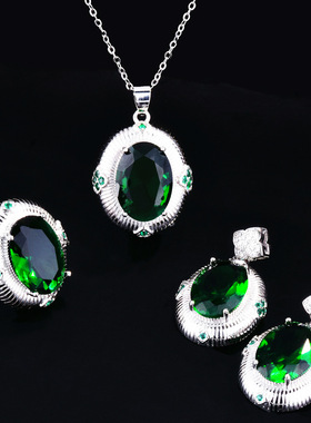 拉丝仿真红宝石祖母绿彩宝套装 直播925银红钻戒指绿钻耳钉吊坠女