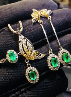 新款仿哥伦比亚祖母绿套装 双色电镀蝴蝶项链彩宝耳钉开口戒指女