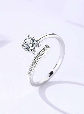 s925纯银四爪戒指女rings时尚OL韩版开口镶钻锆石指环首饰