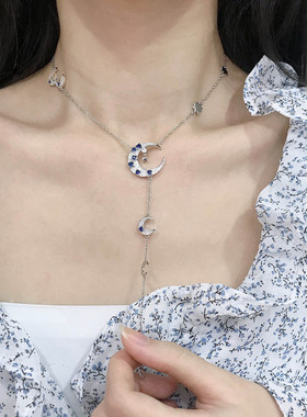 小众ins风微镶锆石星星月亮Y型中长款锁骨链 深蓝色日月星辰项链