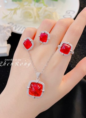 925纯银时尚奢华彩宝糖塔戒指高碳钻高级吊坠项链鸽血红宝石耳钉