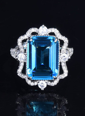 网红直播新品热卖仿真公主方祖母绿切工海蓝宝托帕石彩宝开口戒指