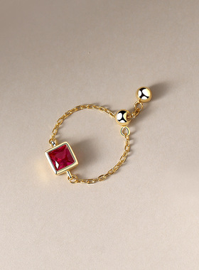 s925纯银戒指女欧美百搭轻奢正方形锆石指环可调节链戒