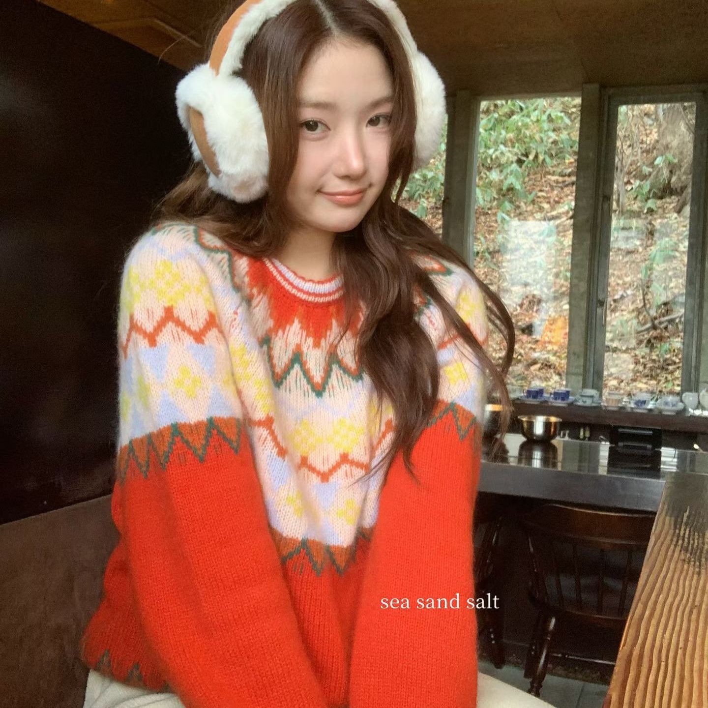 sea sand salt 圣诞风百搭宽松菱格套头保暖红色毛衣