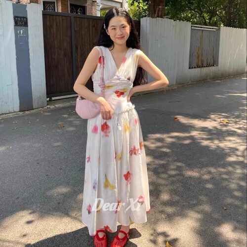 DEAR.XI 这个花色太爱了！一眼就喜欢的长款大花V领连衣裙 3030#