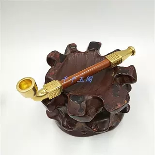 短款便携黄铜烟锅烟嘴 方形刻花烟袋锅烟嘴哨 红皮竹烟杆掌上烟具