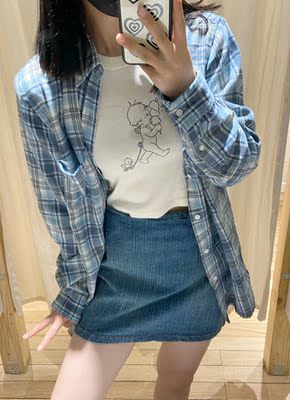 宽松盐蓝格子衬衫外套女