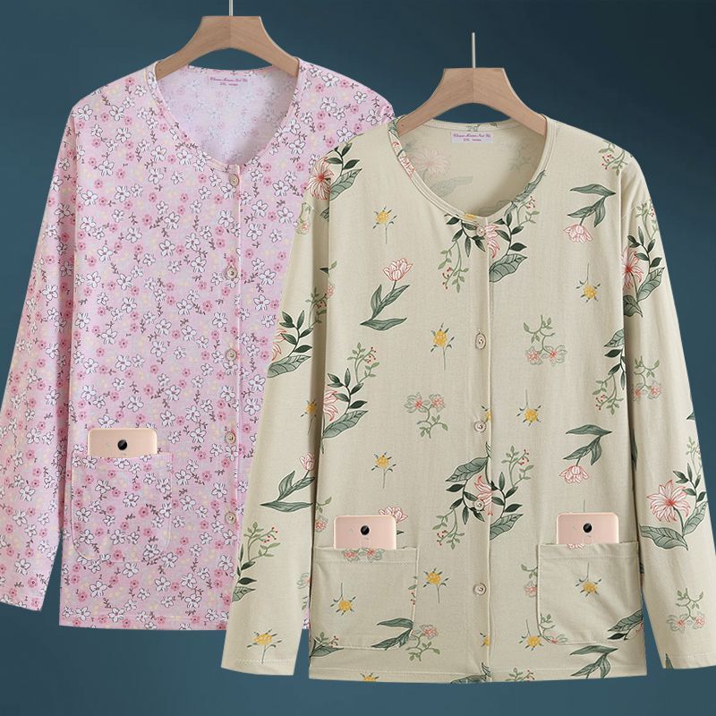 中老年纯棉睡衣女薄款老人家居服上衣妈妈开衫系扣长袖空调衫夏季