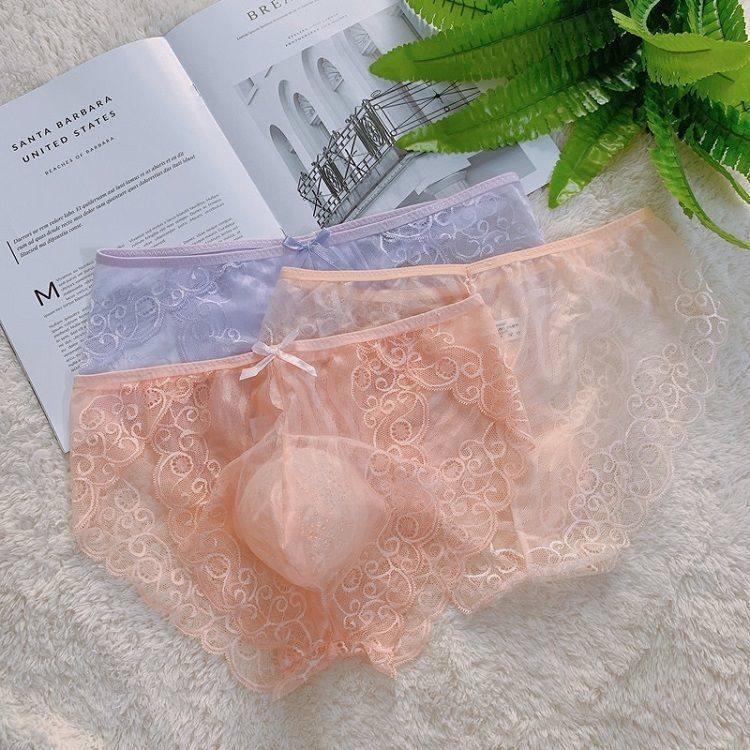 男士蕾丝花边内裤无痕三角感大码网纱黑粉色夏季透明薄款囊袋