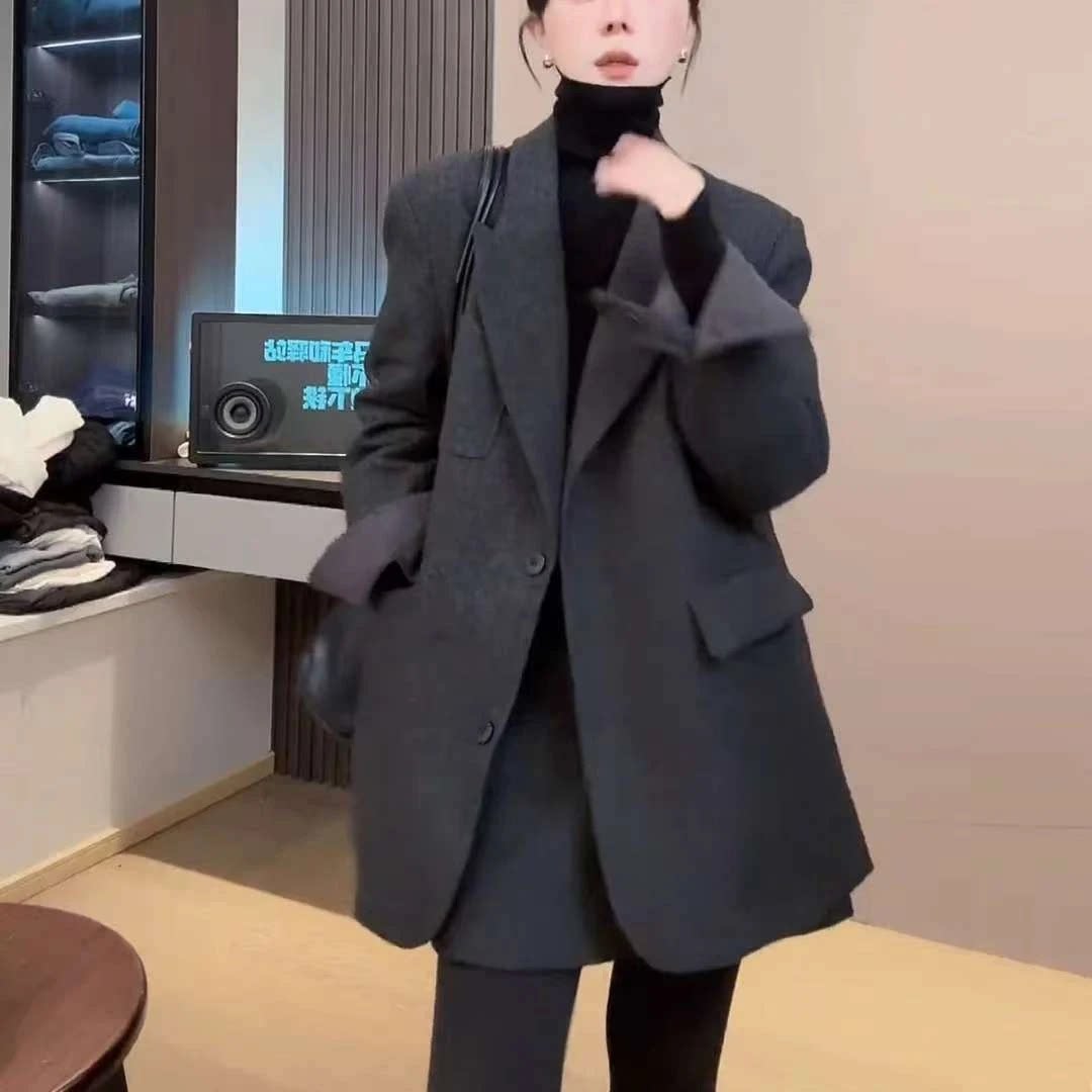 时尚羽绒加厚西装羊毛外套女宽松
