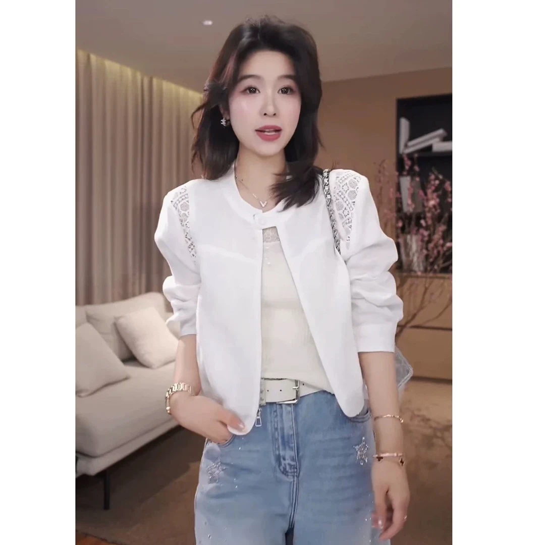简约休闲亚麻镂空防晒短外套女