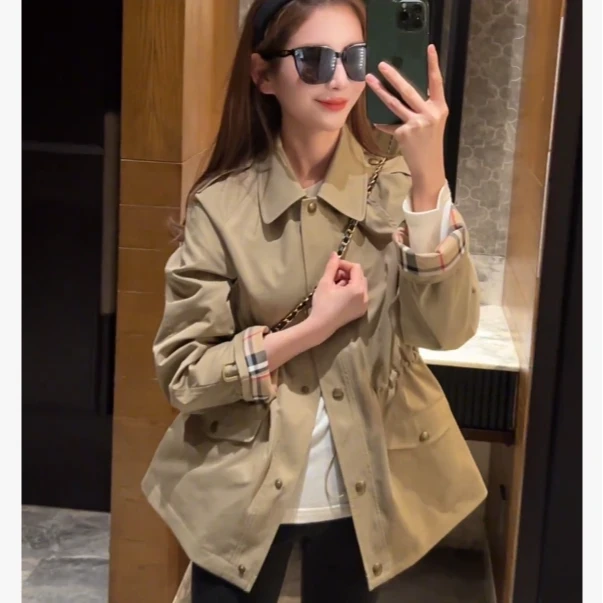 格纹抽绳收腰显瘦风衣外套女