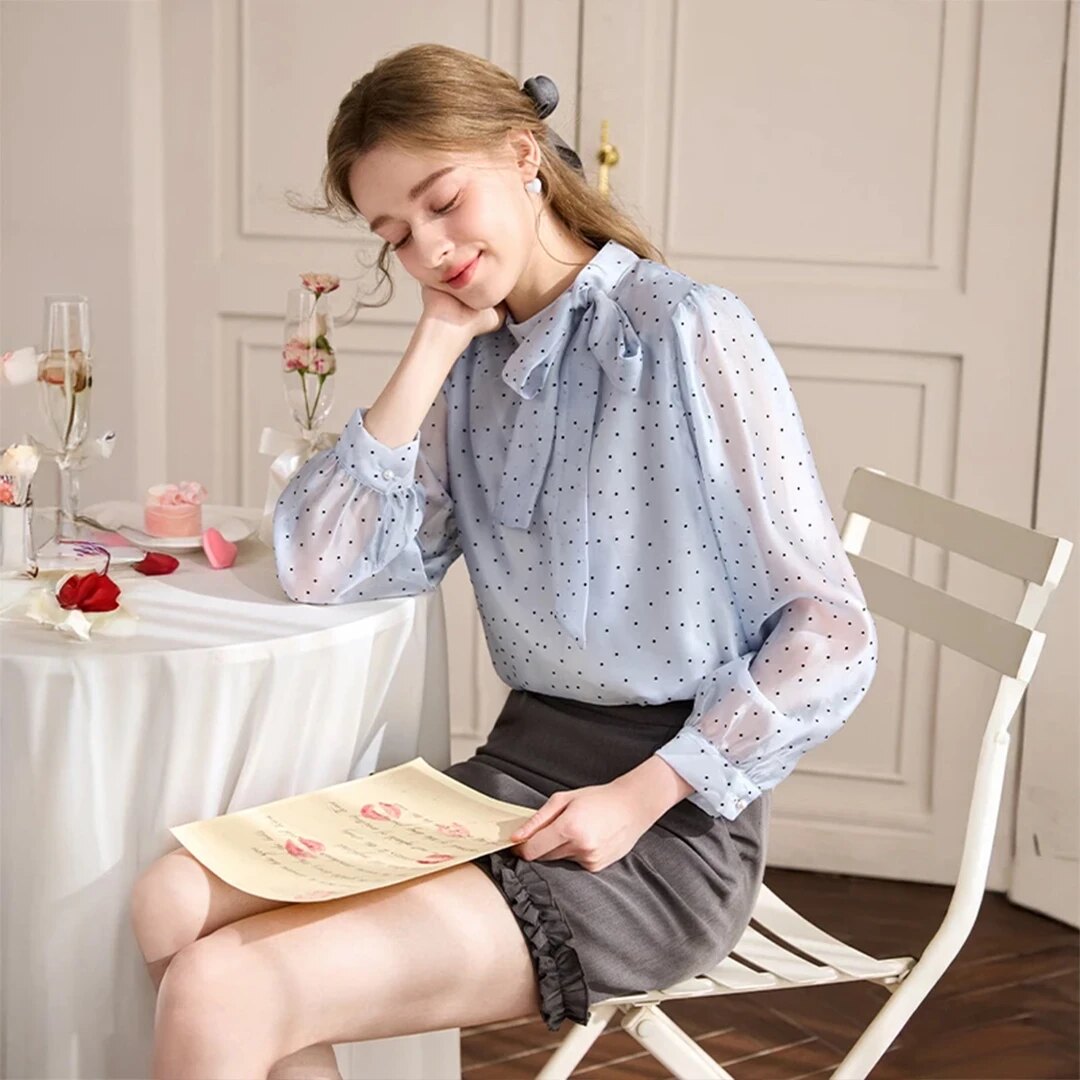 蝴蝶结飘带波点衬衫女春夏